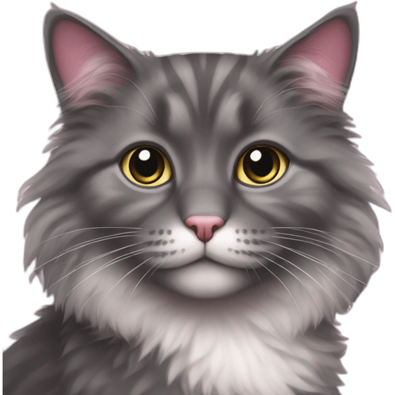 fluffy dark grey cat with white spots near the pink nose emoji