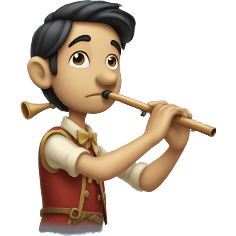 Pinocchio playing flute with his long wooden nose emoji