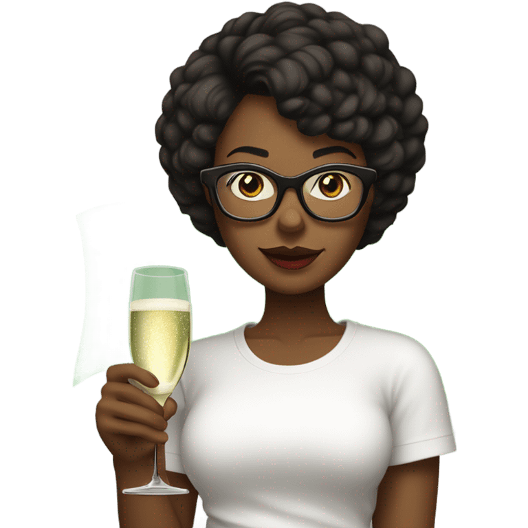 Short hair black woman with glasses woman in a white tee shirt with red, black, and green flag on it having a glass of champagne.  emoji