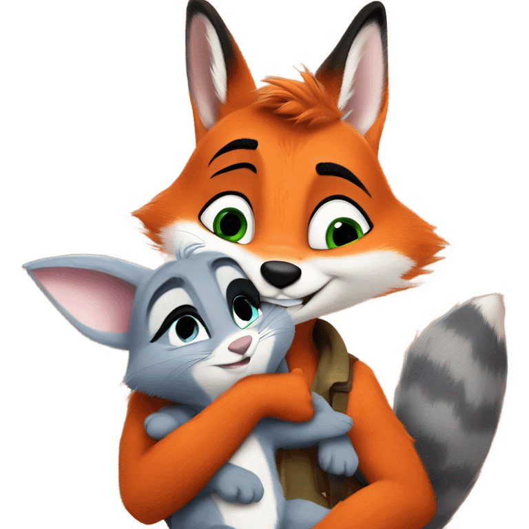 The orange fox Nick Wilde from Zootopia embracing the grey bunny Judy Hopps from Zootopia emoji