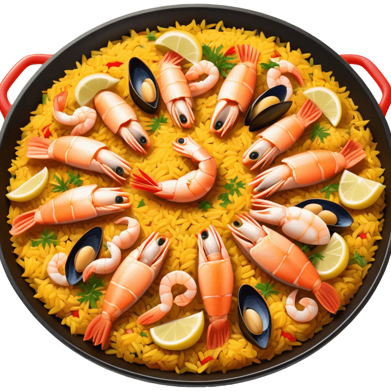 Cinematic Realistic Paella Dish Emoji, depicted as a vibrant, aromatic rice dish loaded with seafood, chicken, and saffron rendered with rich textures and dynamic, warm lighting. emoji