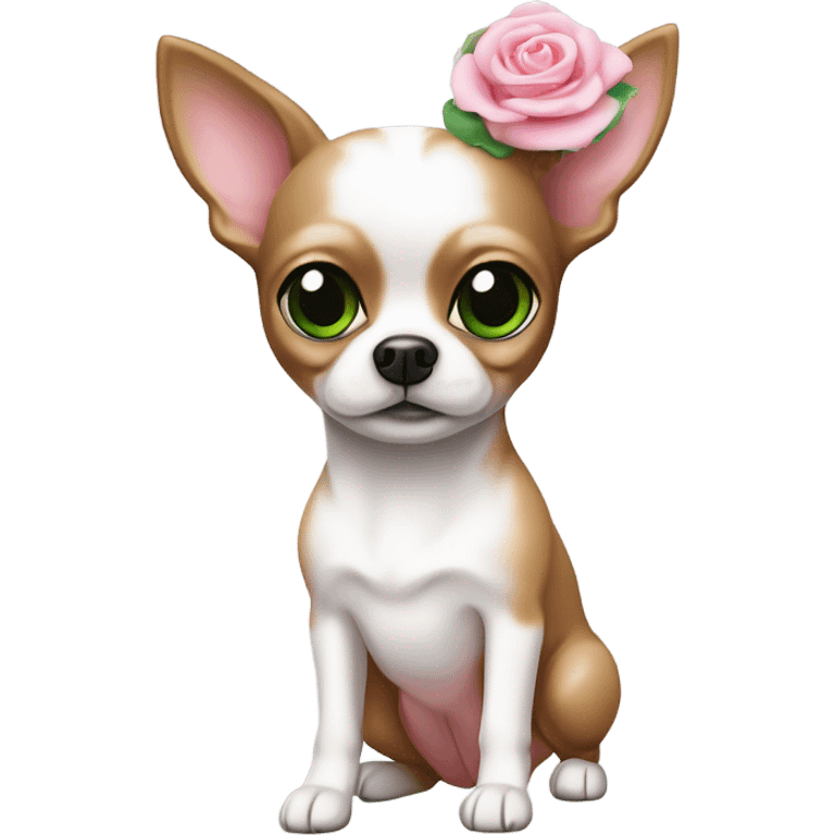 Un chihuahua blanc avec un noeud rose qui fait un câlin à sa maîtresse brune au yeux vert avec le teint pale  emoji