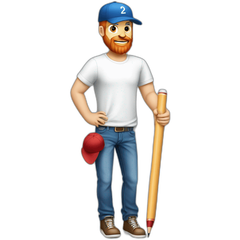 full body white man with red beard wearing baseball hat shirt jeans holding a huge pen w emoji