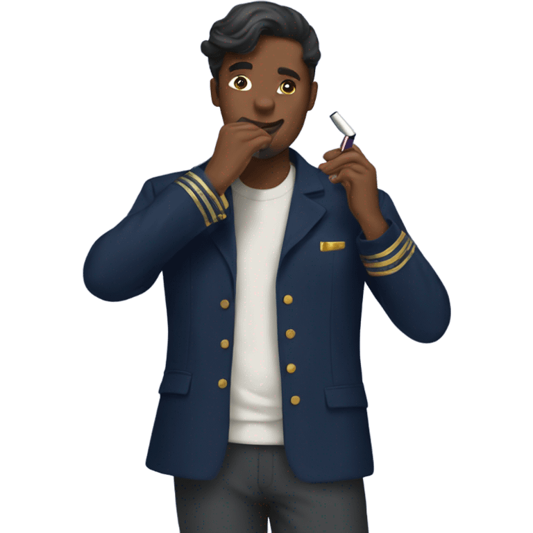 A man putting on lipstick in a navy outfit  emoji