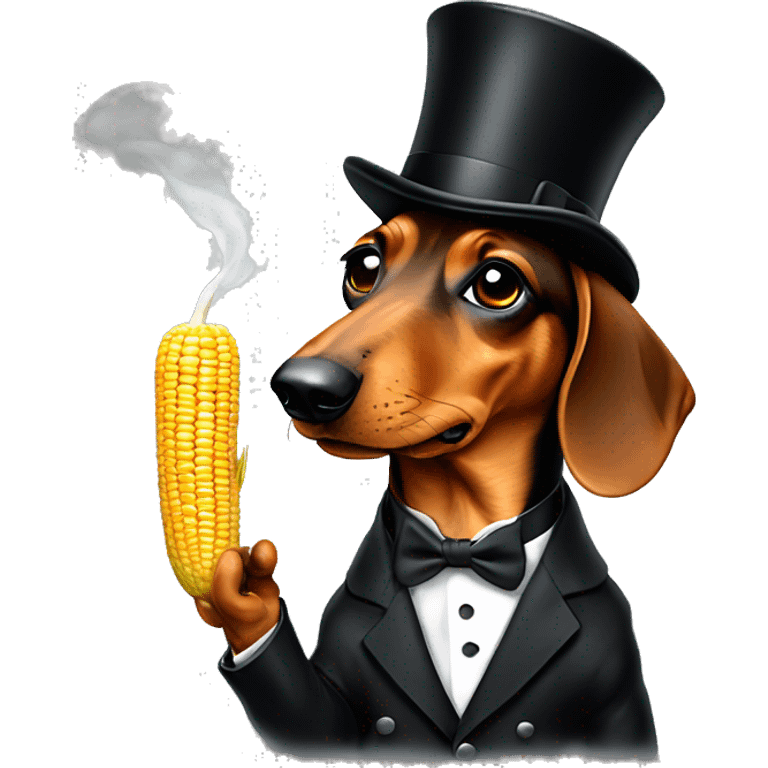 Daschund in a tuxedo smoking a corn cob pipe, with a monacle on one eye wearing a tophat emoji