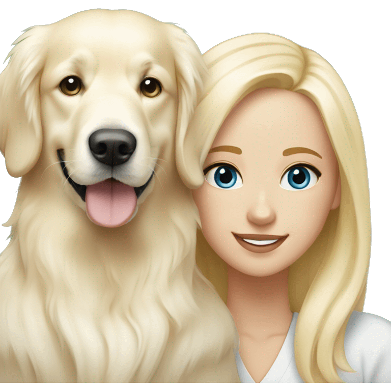 English cream golden retriever with blonde woman with blue green eyes emoji