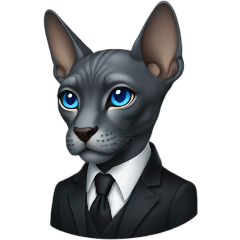 dark grey sphinx with bright blue eyes wearing black suit, portrait emoji