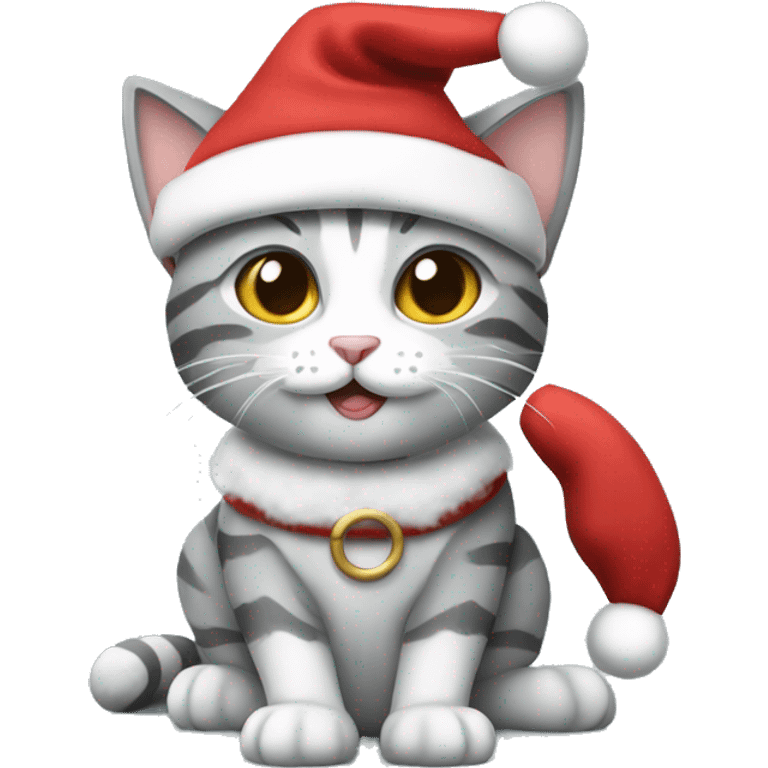 Grey and white tabby cat wearing a Santa outfit emoji