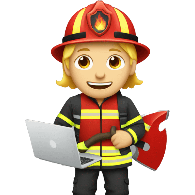 Blonde male person with a laptop in firefighter outfit with a fire axe emoji