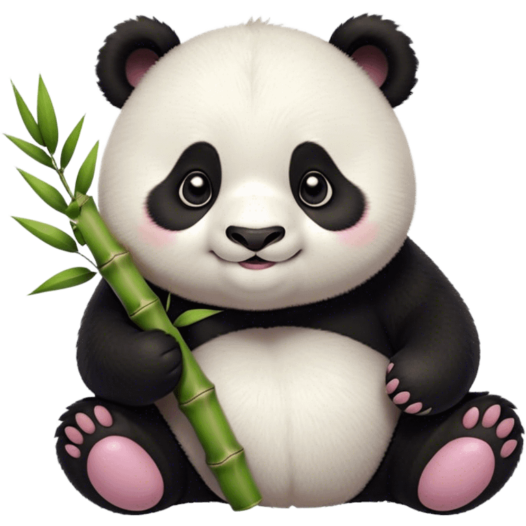 Cinematic smiling chubby panda, fluffy black and white fur, round rosy cheeks, tiny paws holding a bamboo shoot, sparkling eyes full of joy, soft glowing background, irresistibly huggable. emoji