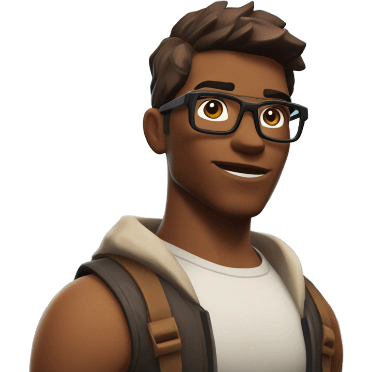  A tall, bespectacled, muscular and strong young man, deep-set eyes, round face, with dark brown hair and a brown skin tone, portrayed in the style of a Fortnite character rederend in the style of a fortnite character emoji