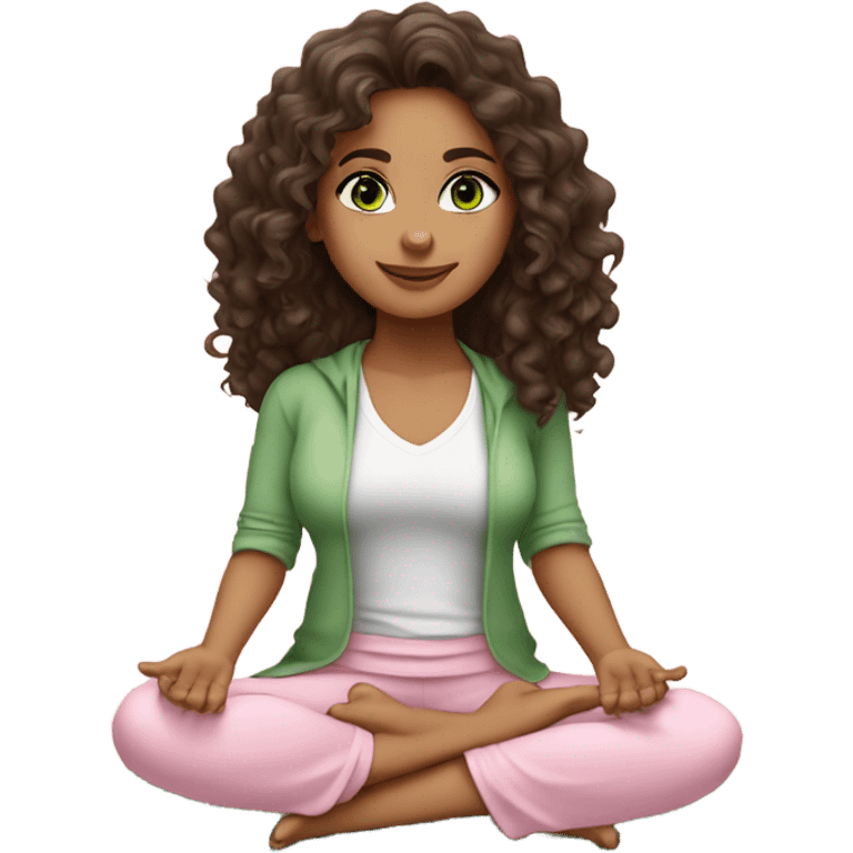 Dark brown long curly hair and green eyes yoga beautiful girl in light pink pink pink clothes sitting on a yoga mat emoji