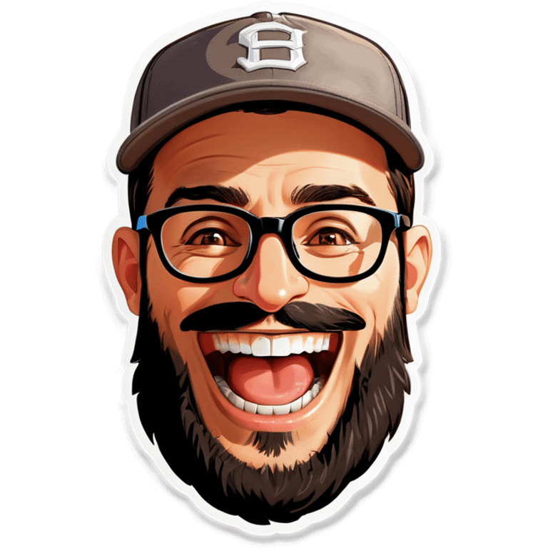 A man with a grey baseball cap, hazel eyes, big dark brown beard and glasses, laughing emoji