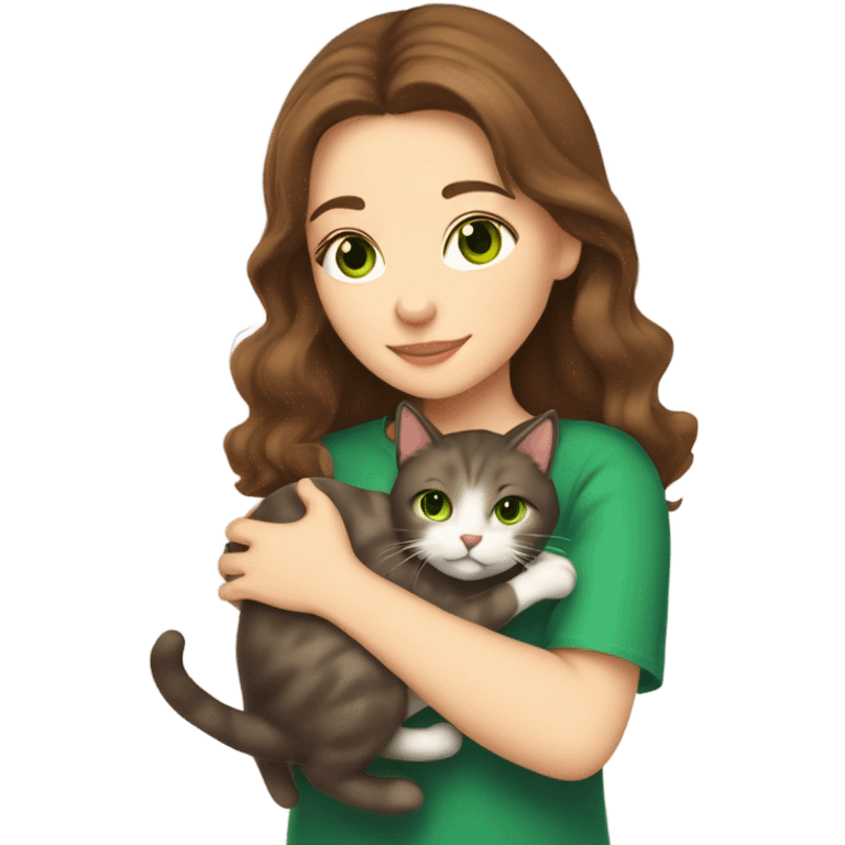 Girl with brown hair and fair skin hugging a medium haired cat with green eyes emoji