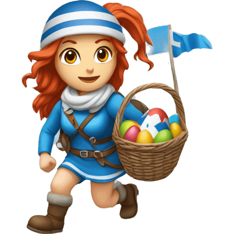 Greek Female winter mountaineer red hair white skin climbing with Greek Flag and Easter eggs basket emoji