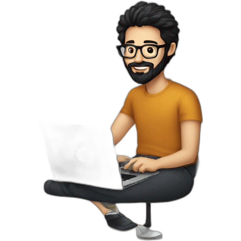 Designer with black hair, beard and glasses working with MacBook and drinking cappuccino  emoji