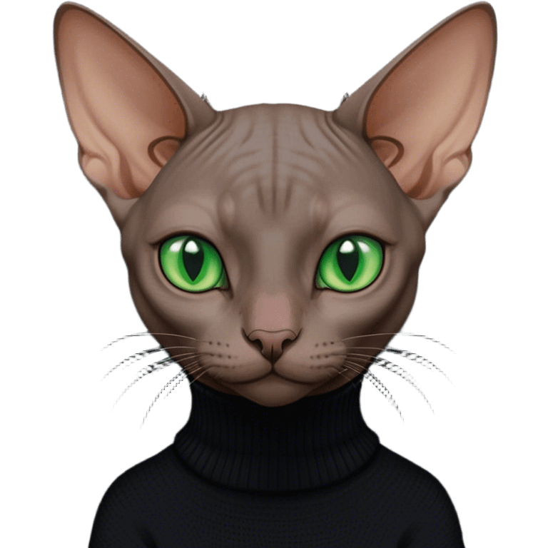 dark color sphinx cat with green eyes wearing a black turtleneck sweater emoji