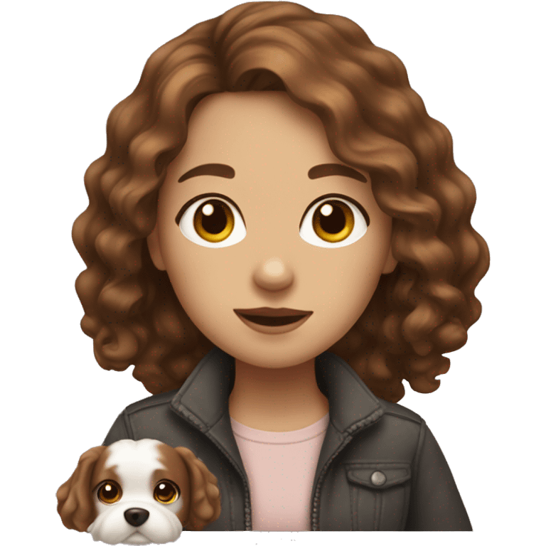 Girl with brown wavy hair with a little white dog emoji