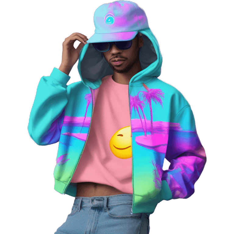 Multicoloured neon Vaporwave person hoodie dancing hip hop bucket hat tropical Skater fashion aesthetic baggy clothes graphic t shirt 420 emoji