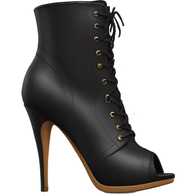 Realistic pair of black peep toe leather high heel bootie boots facing forward.  emoji