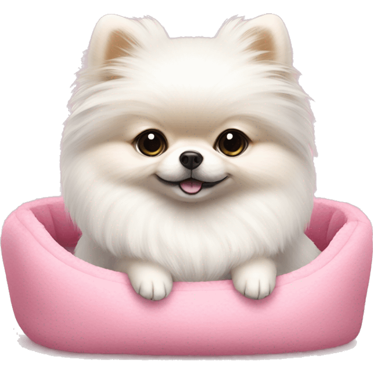 A small white pomeranian with a bow on her head, sitting in a pink furry bed emoji