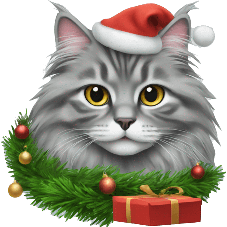 Gray Siberian cat and a Christmas tree  emoji