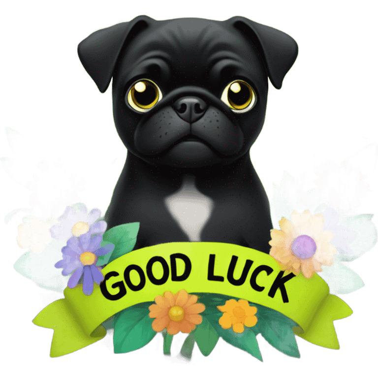 Black pug , surrounded by flowers, holding a green sign that says “good luck”  emoji