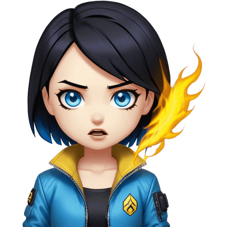 Black hair cyberpunk 2077 chibi girl with blazing blue eyes and yellow jacket from the animation show cyberpunk edge runners. All emotion reactions emoji