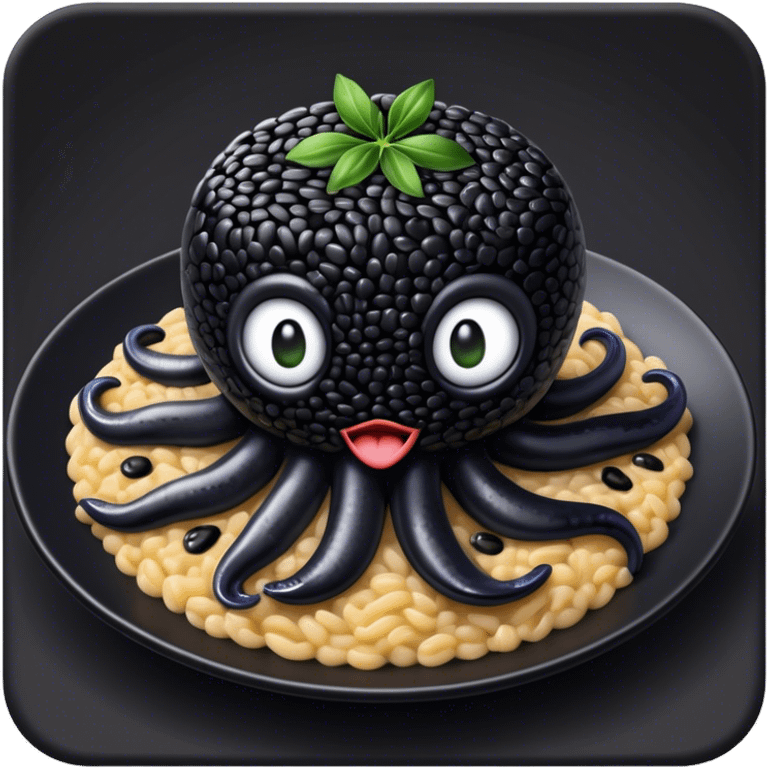 Cinematic Realistic Black Risotto Dish Emoji, showcasing a rich squid ink-infused risotto rendered with bold textures and dynamic, dramatic lighting. emoji