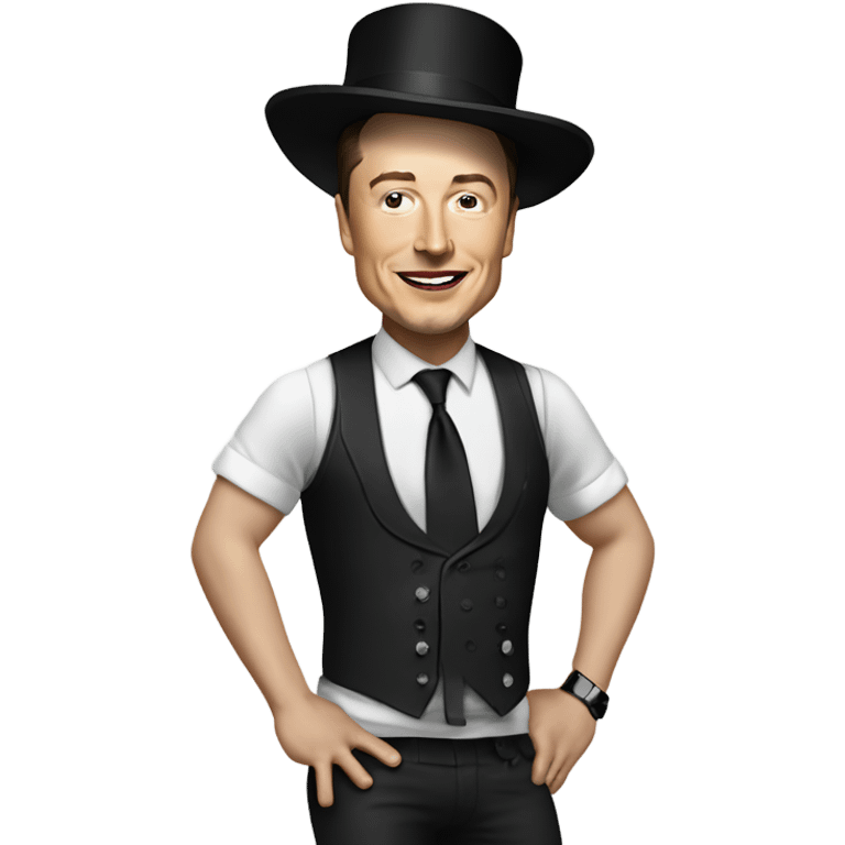 Elon musk doing the conga dance with a top hat on and a crop top with booty shorts emoji