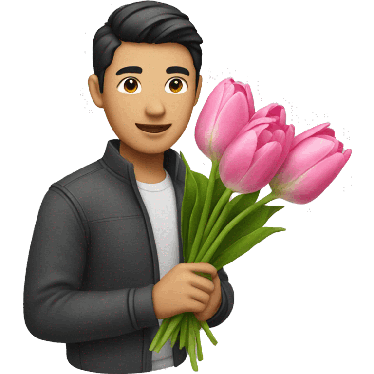 Asian guy holding pink tulip bouquet  emoji