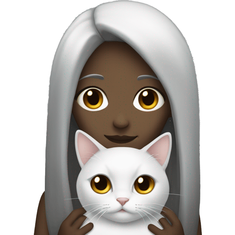 light girl with long dark hair and dark eyes, holding grey and white cat  emoji