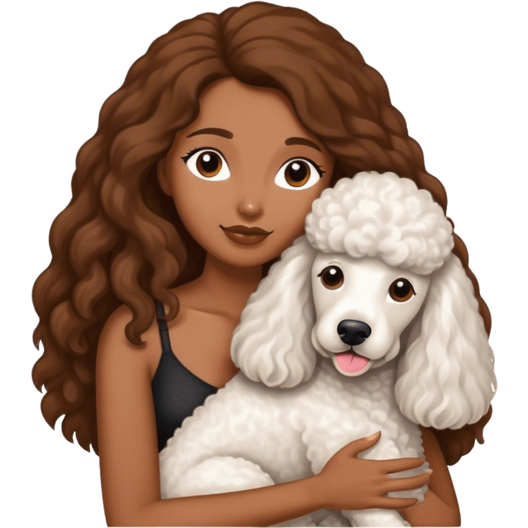 White standard poodle and long-haired brown-skinned woman embrace emoji