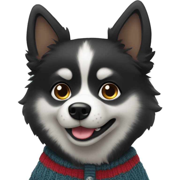 Black pomsky wearing a cardigan emoji