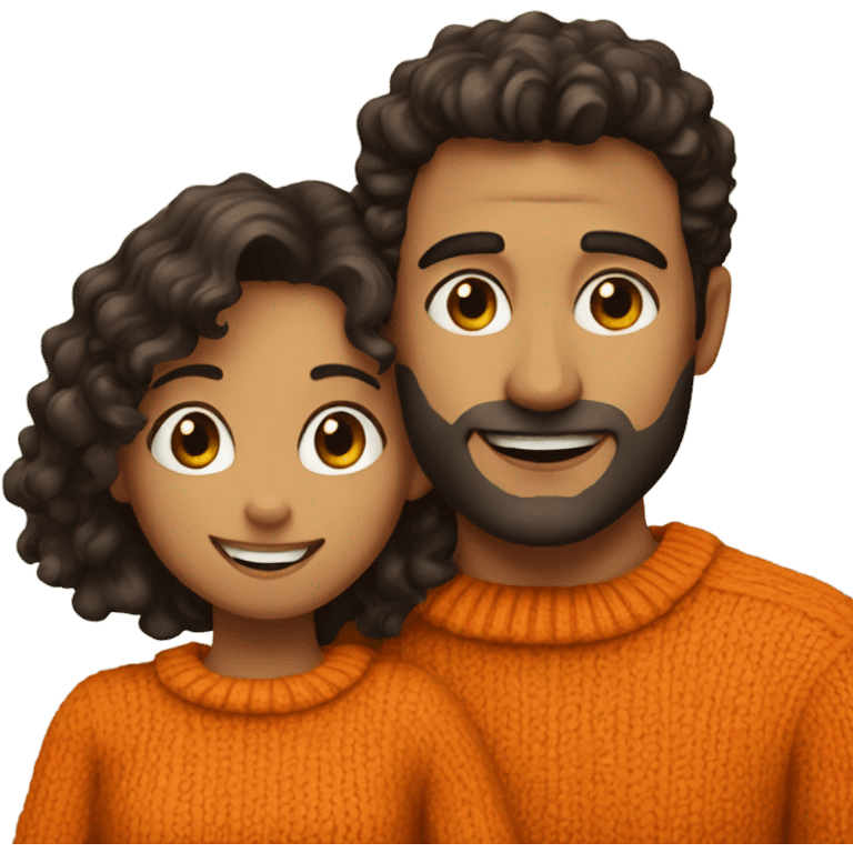 Man with dark hair in orange sweater hug girl with dark brown curly hair emoji