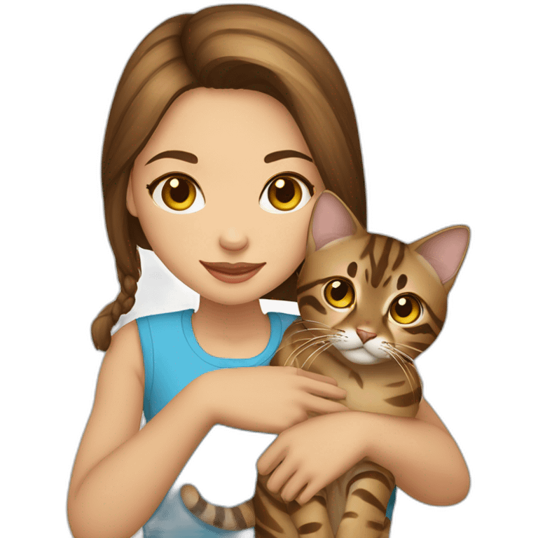 a beautiful girl with brown hair and blue eyes holds a Bengal cat with yellow eyes in her arms emoji