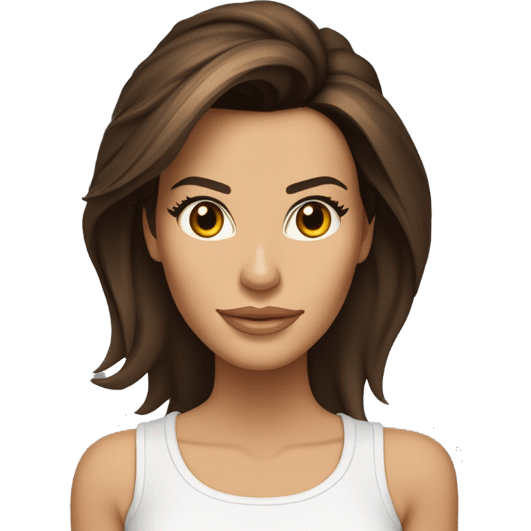 visage 3/4, contrasté, ombre, lumière, expression eva longoria, debout de loin, nez fin, femme brune, yeux noisette, longs cils, cheveux foncés dégradés épaule, t-shirt blanc, jean, baskets blanches emoji