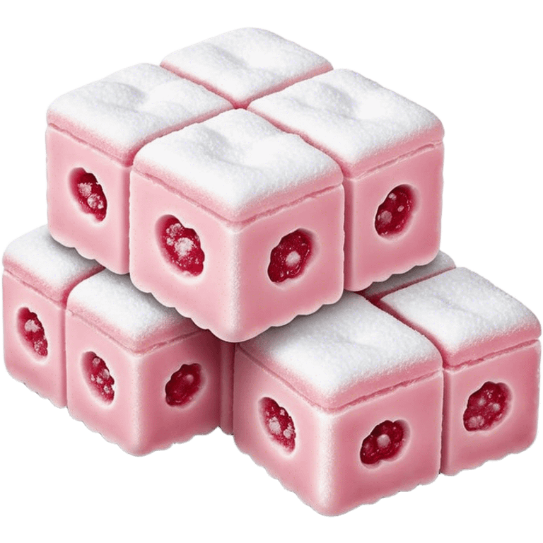 Cinematic Realistic Turkish Delight Dessert Emoji, featuring delicate, chewy confections dusted with powdered sugar rendered with vibrant textures and soft, inviting lighting. emoji