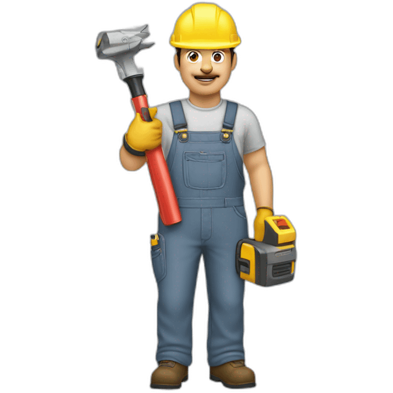 Middle-aged man wearing a yellow engineer helmet and gray overalls, holding an electric tool in his hand emoji