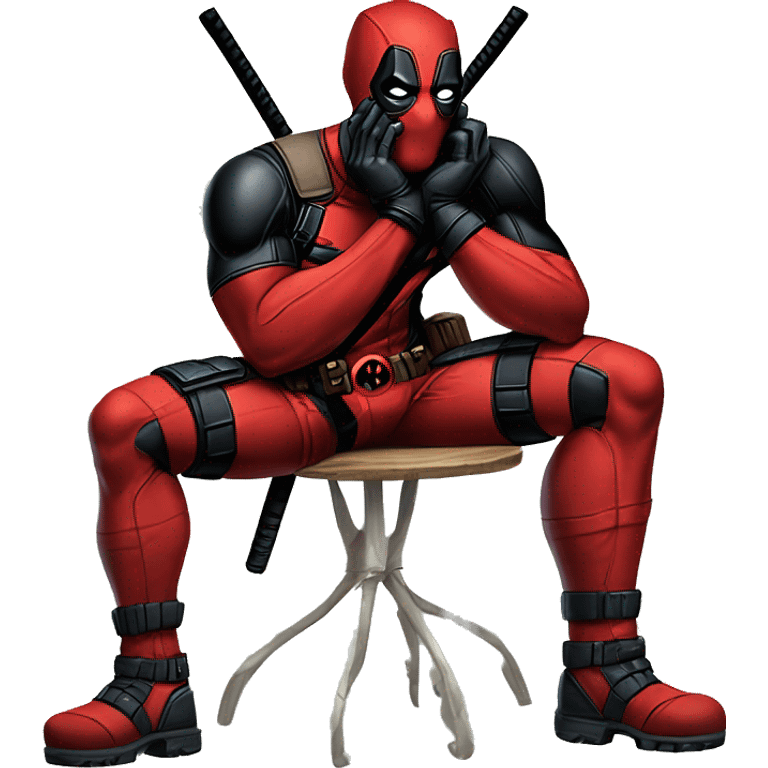 like the character Deadpool but named and drawn as Threadpool, sitting with one leg out and one hand under chin emoji