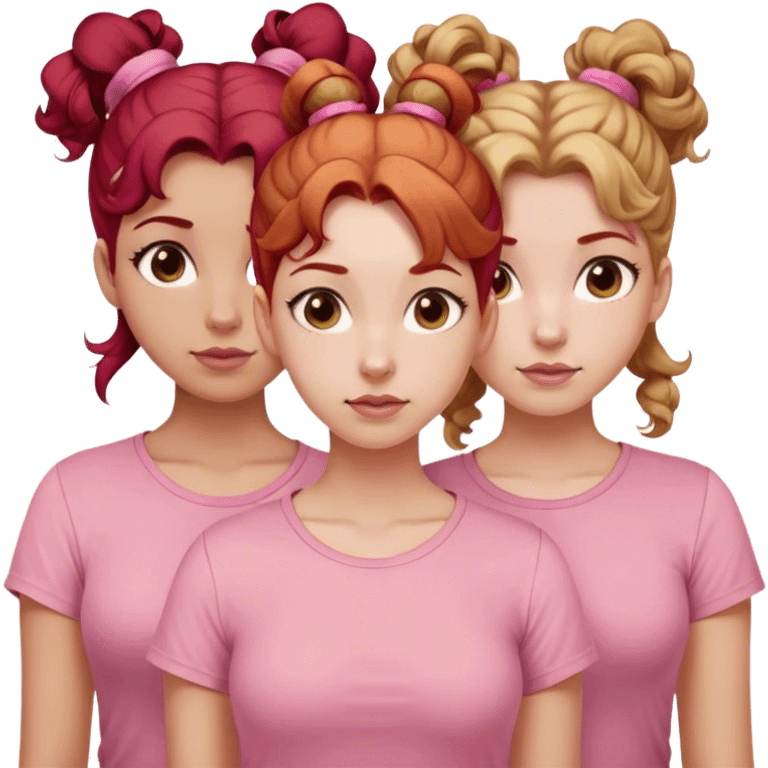 One roll no pink hair allowed Three sisters one of them have red hair with buns. One of them have dirty blonde hair with ponytail. One of them have white curls with light brown hair hair and they are all wearing pink shirts emoji