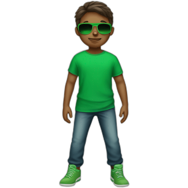 A young boy with green cloth and green sunglasses emoji