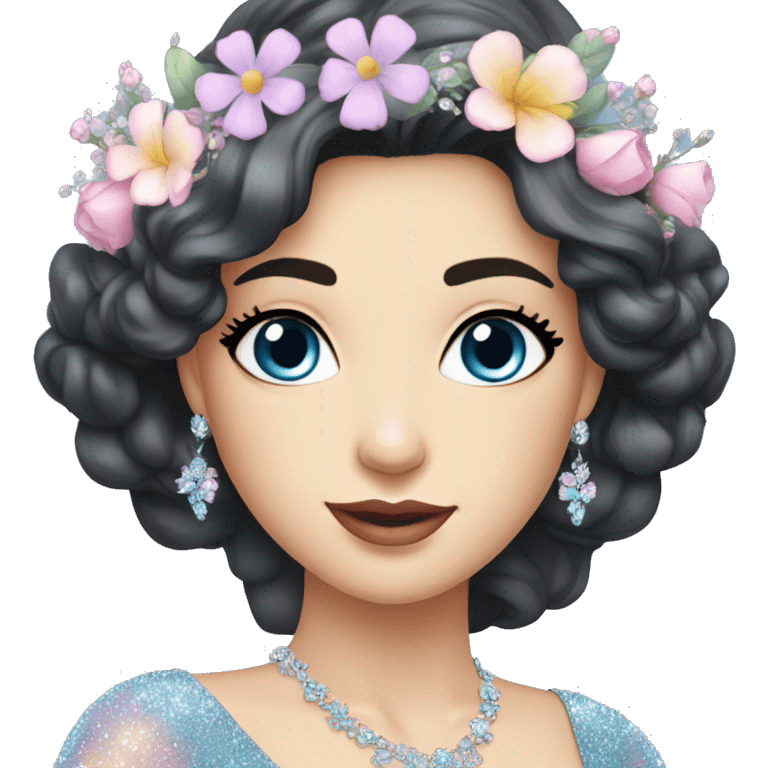 Gorgeous pastel Lady with dark hair blue eyes in a sparkly shiny dress with tiara and necklace and flowers behind her and trending  emoji