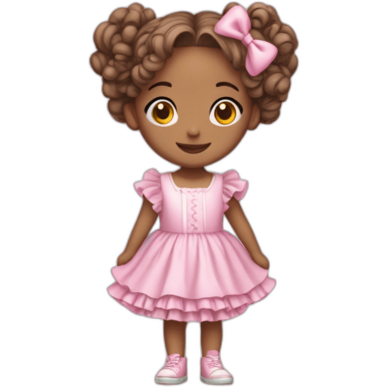 full body of a white smiling  girl in pink frilly dress with ruffles and bow, pink hair, long pigtails emoji