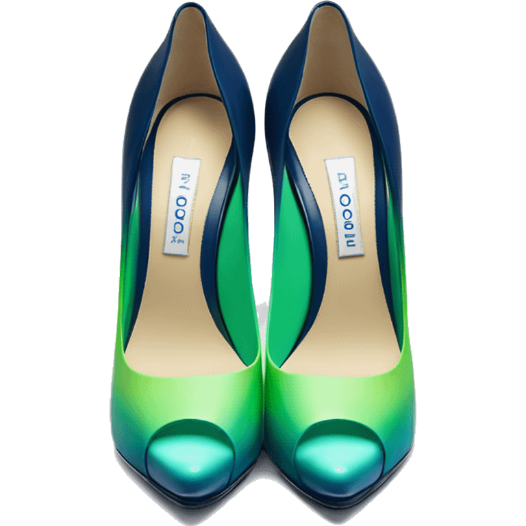 Realistic isolated front facing pair of emerald green,sky blue,mint green,lime green and navy blue ombre Jimmy Choo peep toe stiletto shoes. emoji