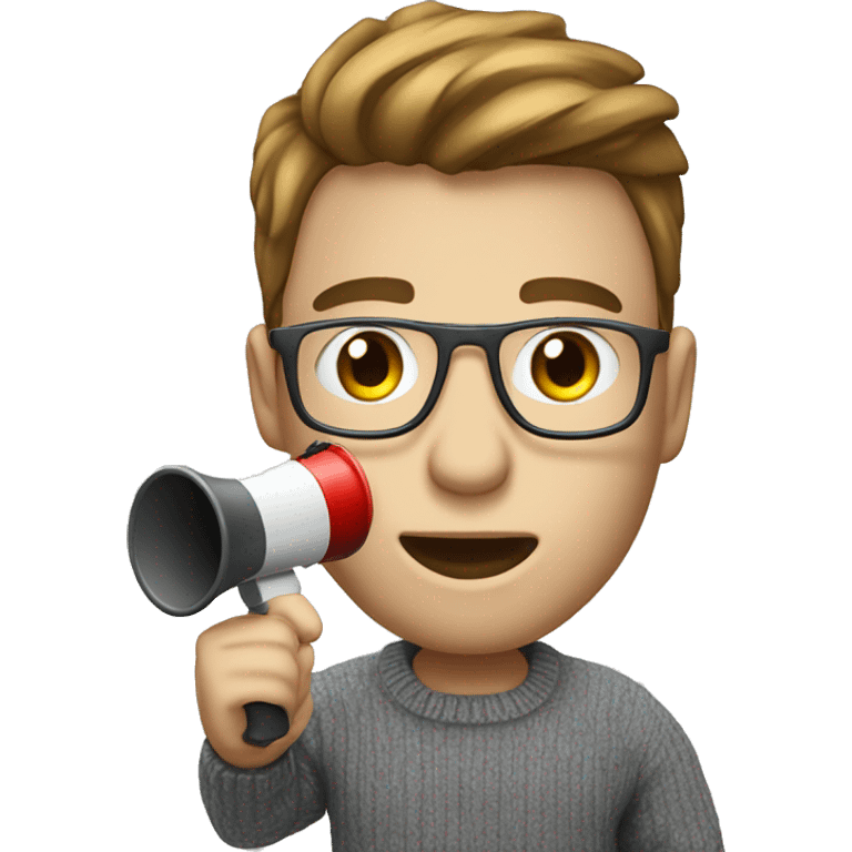 software developer with white skin and a shirt under a sweater making an announcement with a megaphone emoji