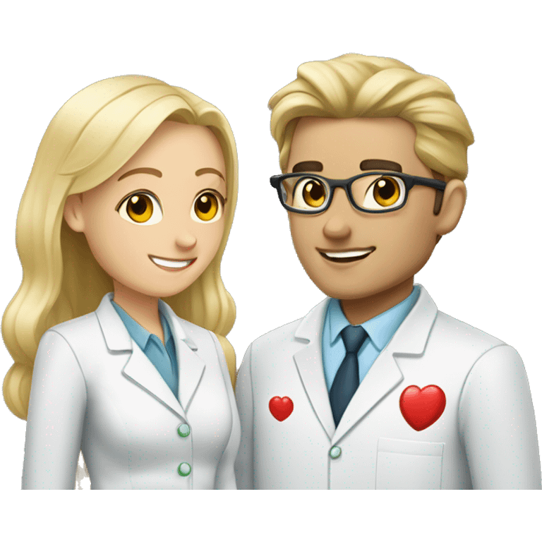 blonde female pharmacist and male chemist with dark hair in love emoji