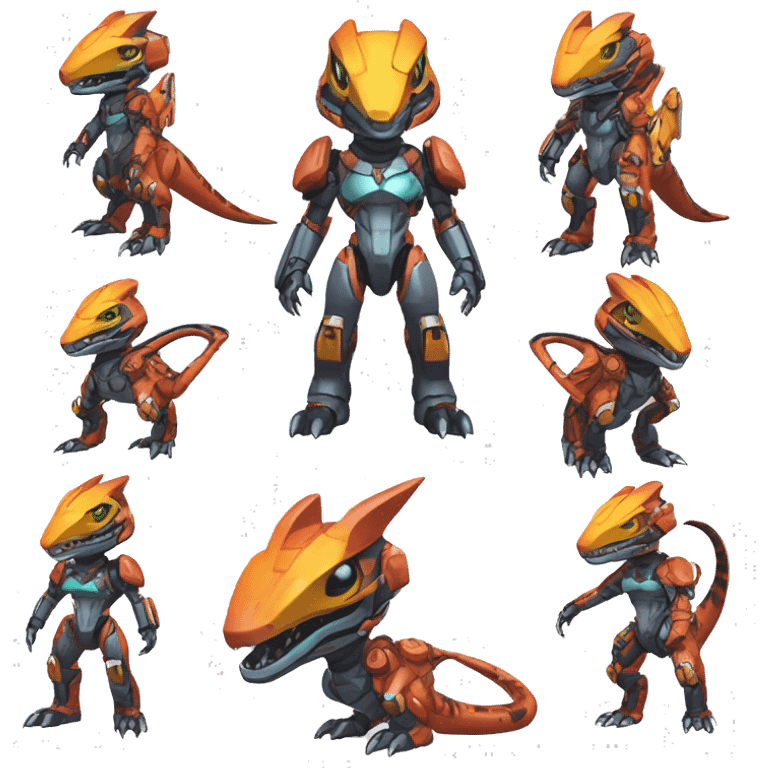 Colorful Edgy Chibi Greymon-Velociraptor-Genesect-Fakémon-Pokémon wearing a with a futuristic visor-helmet And Mecha-suit Full Body emoji