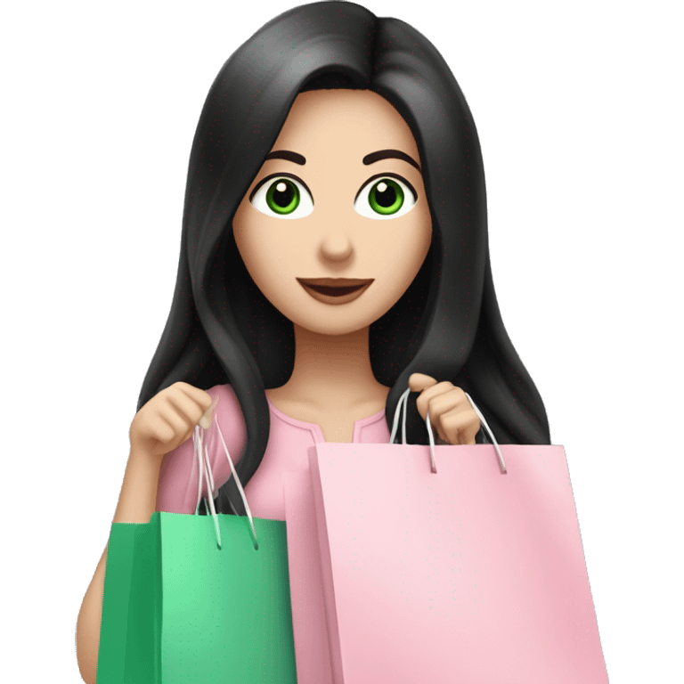 pretty white woman with very long black hair and green eyes and light pink outfit holding a ton of shopping bags emoji