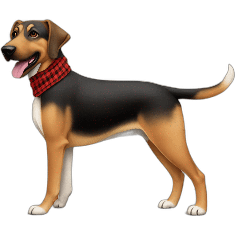 adult 75% Coonhound 25% German Shepherd mix dog with visible tail wearing small pointed red buffalo plaid bandana full body walking left emoji